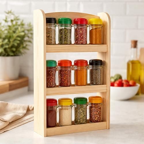 Image of Marco Paul Wooden Spice Rack - 3 Tier Free Standing or Wall Mounted Spice Organiser - Holds 15 Jars - Kitchen Herb & Seasoning Storage Shelf - Pantry Cupboard Countertop Rack (Rubberwood, 42.5cm)