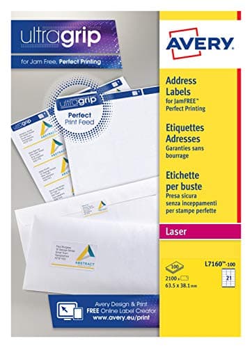 Image of Avery JamFREE, Printable, Address Labels, Customisable, 63.5 x 38. 1 mm, White, 21 Labels per Sheet, 2100 Blank Labels per Pack (L7160-100)