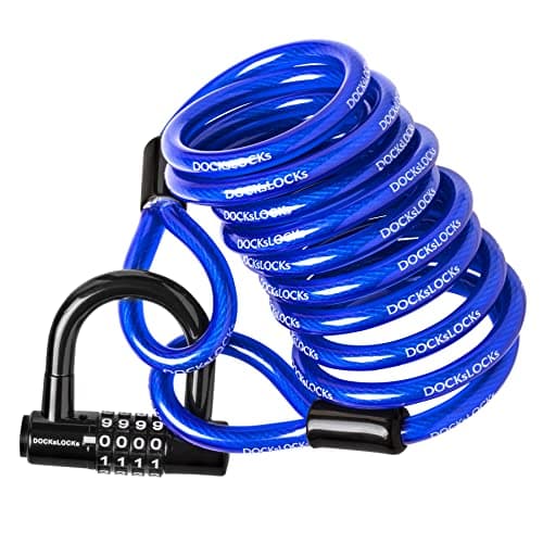 Image of DocksLocks Security Cable Lock Set (5ft to 25ft Lengths) – Weatherproof, Looped Ends, Coiled, Compact, Includes U-Lock, Anti-Theft for Bikes, Patio Furniture, Kayaks, Outdoor Equipment 10ft