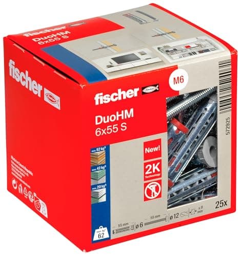Image of fischer DuoHM 6 x 55 S TX Cavity Dowels with Metric Panhead Screw and TX Drive for Fixing TV Brackets, Lights, Wall Shelves, etc. in Panel Building Materials, Pack of 25