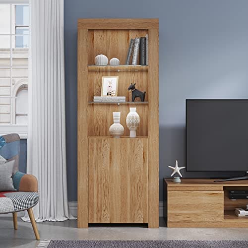 Image of Panana One Door Two Glass Shelves Sideboard Cupboard Unit Cabinet Size LxWxH 24.41x13.78x62.99inch With White Color LED (OAK)