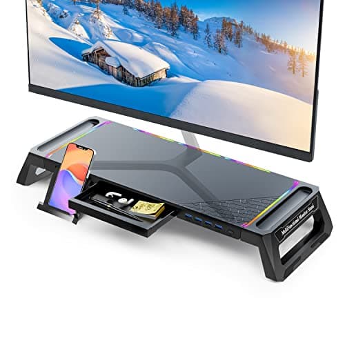 Image of MOOJAY Monitor Stand for Desk RGB Gaming Lights with 4 USB 3.0 Hub, Foldable Computer Screen Riser with Storage Drawer and Phone Holder, Desk Organizer with Pen Tray for PC/Laptop/iMac - Black