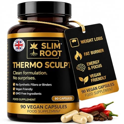 Image of Weight Loss Supplement - Slim Root Thermo Sculpt, 90 Vegan Capsules Made in UK - Thermogenic Fat Burner 600mg with 194mg Caffeine, Appetite Suppressant, Metabolism, Energy & Focus for Women & Men