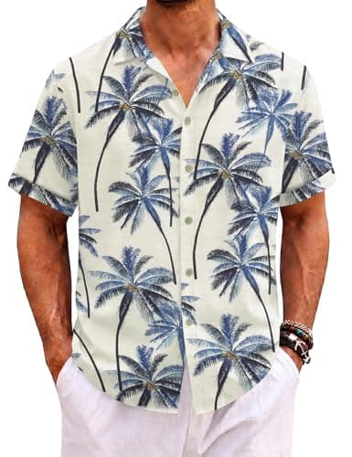 Image of EFFAN Men Hawaiian Floral Shirt Button Down Short Sleeve Summer Beach Shirt Party Holiday Casual Tops (S,White Coconut Tree)