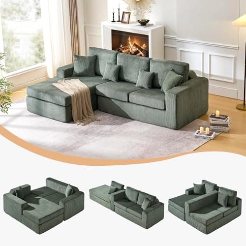 Image of CLIPOP Boneless Couch L Shaped Corner Sofa Left with Deep Seat, Corduroy 3 Seater Modular Sofa Set Chaise Lounge for Living Room, No Assembly Required - Sofa in a Box(green)