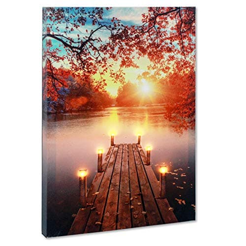 Image of BetyHom Red Maple Sunrise Scenery by the Lake Canvas Wall Art with Lighted Candles LED (15.8x11.8 in)