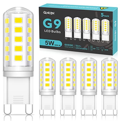Image of QNUJN G9 Led Bulbs Cool White, 5W, 500LM, 6000K, Equivalent to 50W Halogen, Non-Dimmable Energy Saving Light Bulb for Home Lighting Decor, Chandelier, Wall Light, Crystal Lamp-5 Packs