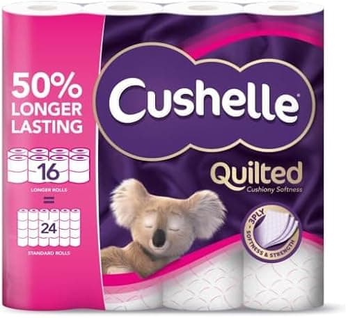 Image of Cushelles Quilted Toilet Tissue, 50% Longer Lasting, 16 Double Rolls, 24 Standard Rolls