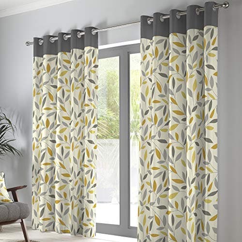 Image of Fusion Grey & Ochre Leaf Curtains W66 x L54" (168x137cm) – 100% Cotton – 2 Panels – Eyelet – Grey & Yellow Floral Bedroom & Living Room Drapes – Beechwood Collection
