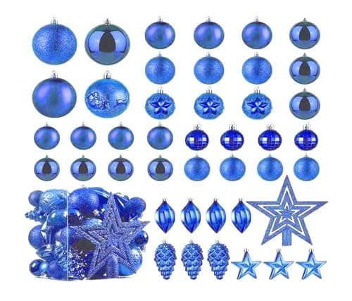 Image of Christmas Ball Baubles Decoration Tree Ornaments including Balls Stars and a Tree topper Shatterproof Xmas Hanging 43 Pieces Set Home Office Outdoor indoor (Blue)