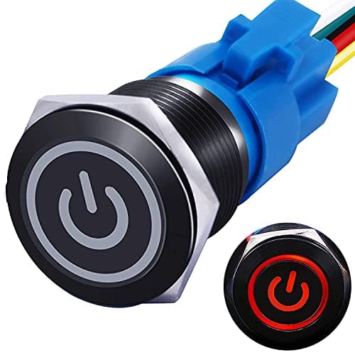 Image of mxuteuk 19mm Latching Push Button Switch 1 NO 1 NC SPDT ON/OFF Black Metal Shell with 12v Red Power Symbol Light With Wire Socket Plug Suitable for 3/4" Mounting Hole Self-Locking L-19-POWER-B-R