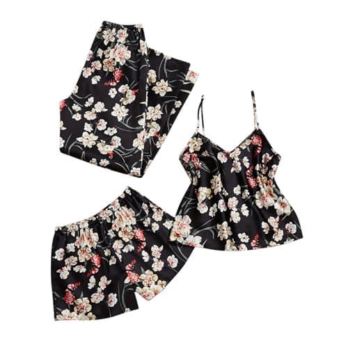 Image of Zeiayuas Womens Pyjama Sets Vintage 3 Piece Satin Pjs Sexy Cami Vest + Loose Shorts + Trousers Elegant Floral Print Silk Pajama Set Nightwear Ladies Brides Wedding Party Pyjamas