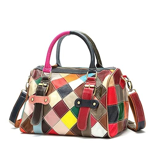 Image of Florence Happy @ England Genuine leather Patchwork bags made from recycled leather Handbag Shoulder Zip Top Cross Body (Patchwork Bowler Bag)