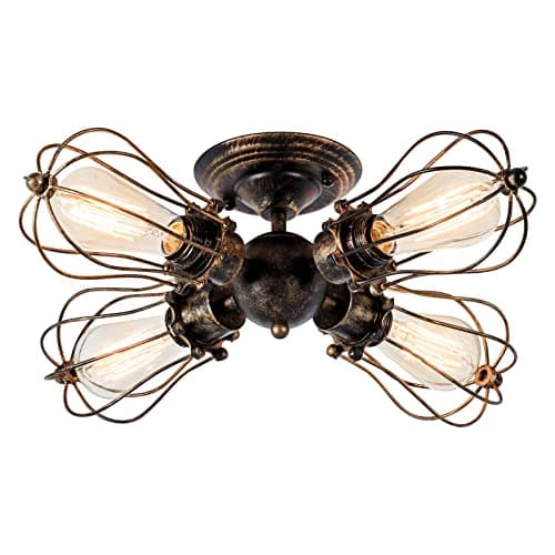 Image of LULING Vintage Ceiling Light Industrial, Chandeliers E27 Socket Metal Wire Cage Lamp Semi-Flush Mount Rustic Ceiling Light Metal Lamp Fixtures (No Bulb) (with 4 Light) (Bronze)