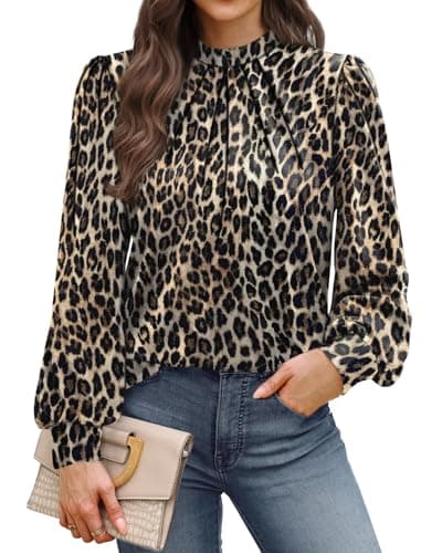 Image of WIHOLL Blouses for Women Long Sleeve Tops Mock Neck Pleated Shirts Ladies Tops Business Loose Fit Size 14-16 Cheetah Print