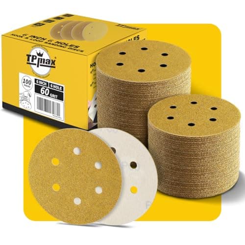 Image of 100PCS 150mm 60 Grit 6 inch 6 Hole Sanding Discs Sandpaper - Premium Gold Round Hook and Loop for Random Orbital Sander - Ideal for Wood, Metal, Automotive