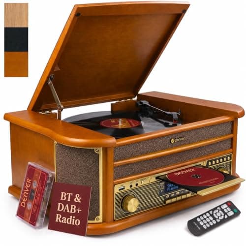 Image of Denver 10-in-1 Retro Vintage DAB Bluetooth Wooden Radio Record Player With Speakers – DAB+ Radio, FM, Record Player, Cassette & CD Player, AUX IN, MP3 USB Recording, AUX IN And Line Out - MRD-51BT