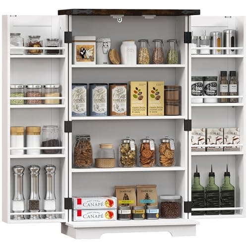 Image of HOMCOM Kitchen Cabinet, 104cm Farmhouse Pantry Cabinet with 8 Door Shelves and 2 Adjustable Shelves, Kitchen Storage Organiser, White