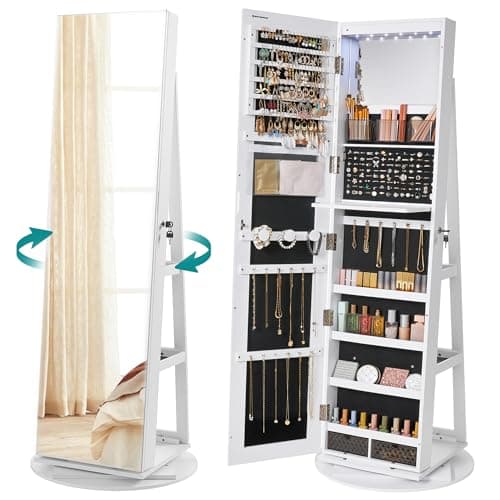 Image of SONGMICS 6 LEDs Mirror Jewellery Cabinet, 360° Swivel Jewellery Storage Organiser, Lockable, Free-Standing Frameless Full-Length Mirror with Storage, White Surface, Black Lining JJC007W01