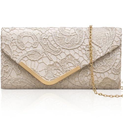 Image of Larcenciel Lace Floral Women's Clutches, Nude Clutch Bags for Women Wedding w/Chain, Apricot Satin Evening Bag, Envelope Crossbody Shoulder Bags Purses Wallet for Women Bridal Prom Party Wedding