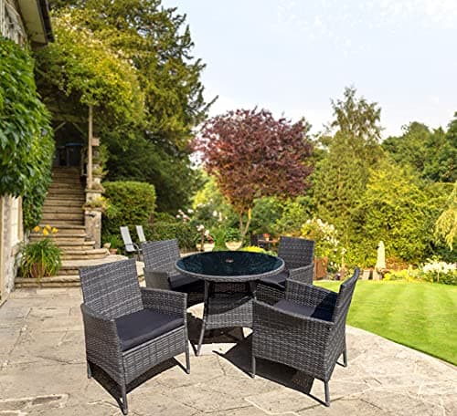 Image of 4 Seater Rattan Garden Furniture Dining Set 5 Piece Indoor, Outdoor, Patio, Conservatory Armchairs & Round Parasol/umbrella Table (Dark Grey Mixed With Dark Grey Cushions) RAIN COVER INCLUDED