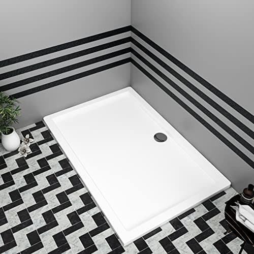 Image of Bathroom 1400 x 900mm Shower Tray Gloss White Slimline 30mm Stone Resin Rectangular Base with Free Waste Trap Kit