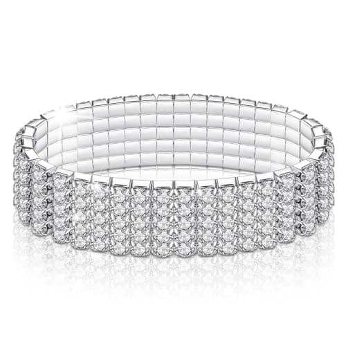 Image of LucBuy Rhinestone Stretch Bracelets, Twinkle Diamond Tennis Bangle,Silver Crystal Sparkling Bridal Stackable Bracelet Jewelry,Bling Shining Wedding Party Elastic Band Bracelet for Women