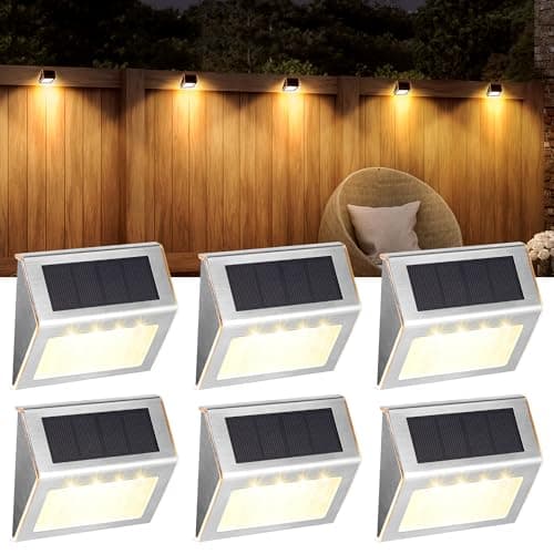 Image of Solpex Solar Fence Lights Outdor Garden, Waterproof Solar Step Lights, Stainless Steel Led Lighting Decoration for Stair Deck Wall Patio Porch Yard Pathway Walkway (6 Pack, Warm White)