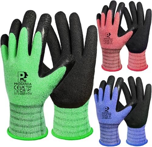 Image of PROGANDA 3 Pairs Gardening Gloves for Men Women, Superior Grip Latex Coating Work Gloves Colourful Comfortable Breathable Lightweight, Garden Construction Car Outdoor