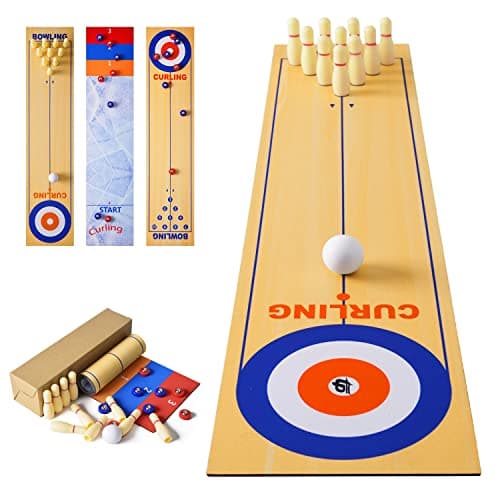 Image of 3 in 1 Table Top Shuffleboard Pucks and Bowling Ball and Curling Games, Mini Tabletop Game with 8 Rollers, Portable Tabletop Family Game for Indoor Outdoor