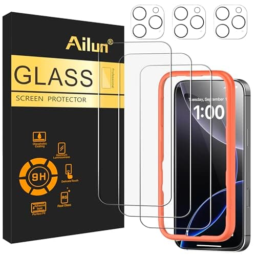 Image of Ailun 3 Pack Screen Protector for iPhone 16 Pro Max [6.9 inch] + 3 Pack Camera Lens Protector with Installation Frame,Sensor Protection,Dynamic Island Compatible,Case Friendly Tempered Glass Film
