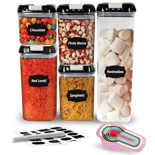 Image of LUXTROUS Airtight Food Storage Containers Set Of 5 Pantry Organizers&Storage,Multisize Kitchen Storage Jars with 10 Labels&Measuring Spoons,Plastic Containers For Flour,Cereals,Sugar,Baking Supplies