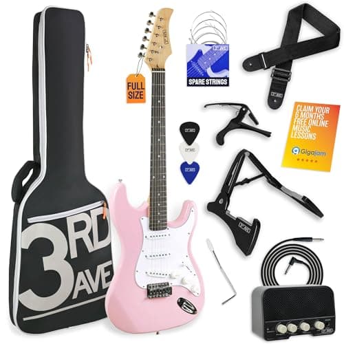 Image of 3rd Avenue Full Size 4/4 Electric Guitar Pastel Pink with Amp, Cable, Stand, Padded Bag, Strap, Spare Strings, Picks, Capo, Whammy Bar, Online Lessons – Light Pink