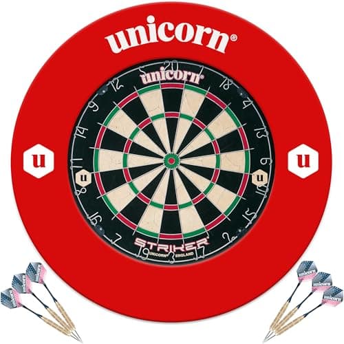 Image of Unicorn Dartboard and Backboard Surround | Striker | Sisal Bristle Board and Lightweight Injection Moulded EVA Plastic Surround | with 2 Sets of Darts