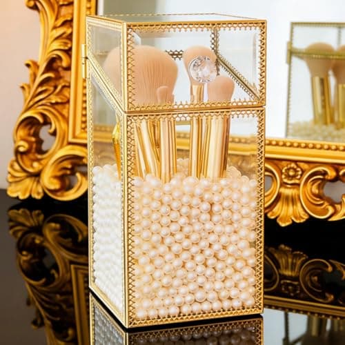 Image of Pumtus Makeup Brush Holder Organizer with Lid, Glass Cosmetic Make Up Brushes Container, Clear Makeup Tool Storage Box Cup with Pearls, Vintage Dustproof Vanity Decor for Countertop Desktop