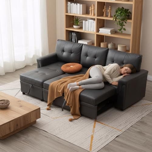Image of Panana 3 Seater Universal Sofabed, Pull Out Sleeper Corner Couch Bed with Storage Chaise. Black Faux Leather (Black Leather Look Fabric #2)