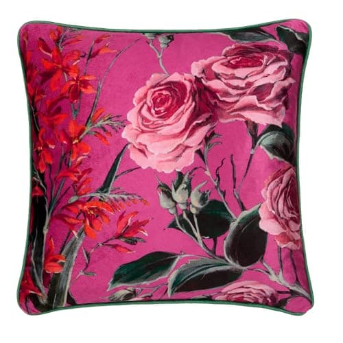 Image of Laurence Llewelyn-Bowen Velvet Pink Floral Cushion 43x43cm – Reversible Stripe Design – Piped Edge – Filled Rose Cushion for Sofa or Bed