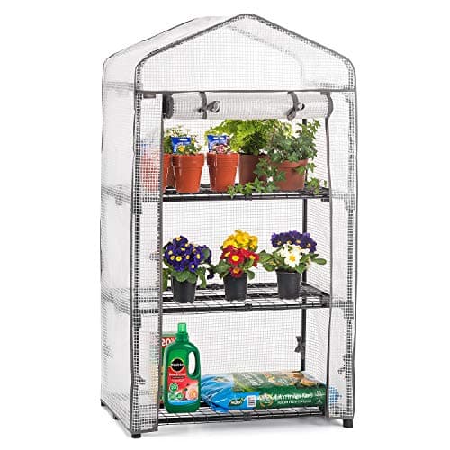 Image of Christow Mini Greenhouse 3 Tier, Small Portable Garden Growhouse, Reinforced PE Plastic Cover, Heavy Duty Steel Frame, Three Shelves With Clips, Compact Size H125cm x W69cm x D49cm