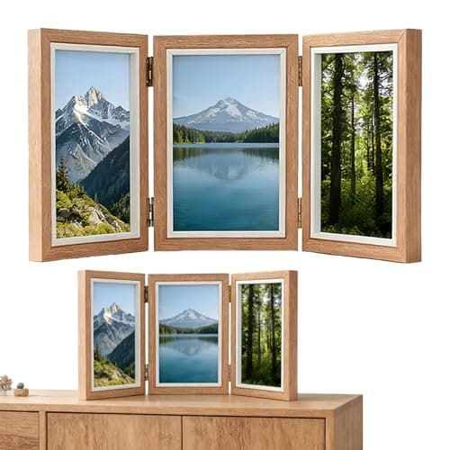 Image of Triple Photo Frame, 4x6 Hinged Folding Wood Picture Frame with Glass, Front Stand Vertical on Desktop, Primary Wood Grain Color