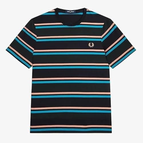 Image of Fred Perry Mens Unisex Striped M6558 Q20 T Shirt 100% Cotton in Navy Blue Night Green Black Rust and Cyber Blue - Size Medium