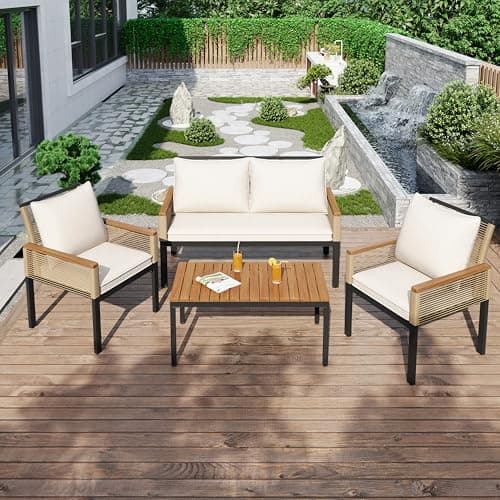 Image of BTM 4 Seater Garden Lounge Set, Garden Furniture Set with Comfortable cushions, Loveseat, 2 Armchairs and Table, Patio Furniture Set, Beige