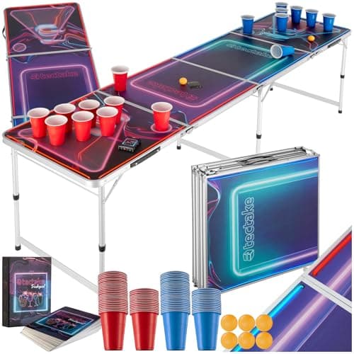 Image of tectake® Beer Pong Table with Adjustable Height & Foldable Aluminium Frame, Sturdy Game Table with Colour Print & LED Lights, Full Beer Pong Set Incl. 100 Cups, 6 Ping Pong Balls & Card Drinking Game