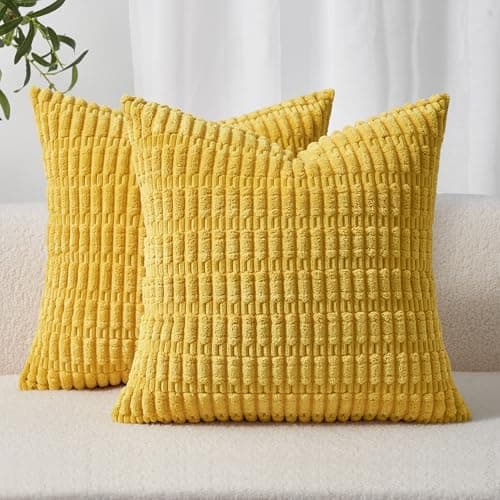 Image of Topfinel Mustard Cushion Covers 45cm x 45cm,Corduroy Decorative Fluffy Pillows Cases,Cushions Cover 18x18 inches with Invisible Zipper for Sofa Bed Livingroom Bedroom,Pack of 2