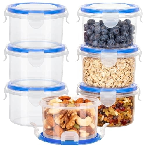 Image of 7Pcs Round Plastic Food Containers with Lids Airtight, 300ml Clip Lock Food Containers, Reusable BPA-Free Small Plastic Storage Containers, Leakproof Snack Pots with Lids for Cereal, Fruit, Yoghurt