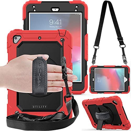 Image of TECHGEAR UTILITY Case fits Apple iPad Mini 5th Gen 2019 / iPad Mini 4 Tough Rugged HEAVY DUTY Armour Shockproof Protective Case 360 Degree Rotating Stand, Hand Strap and Shoulder Strap - Red