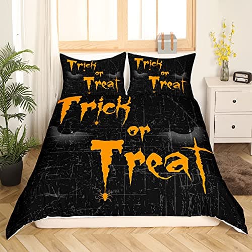 Image of Kids Halloween Ghost Bedding Set Boys Girls Trick or Treat Duvet Cover for Teens Bedroom Scary Black Bedding & Linen Spider Web Bedding & Linen Single Size