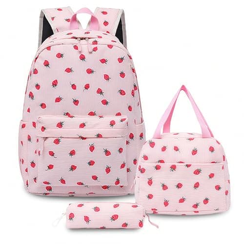 Image of Qubitly Strawberry School Backpack 3-Piece Set, Kawaii Bag with School Lunch Box & Pencil Case, Cute Backpack Sets for Girls, Pink Bookbag for Teens & Women