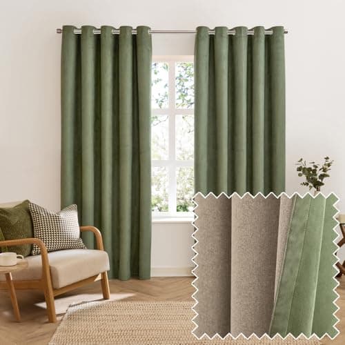 Image of furn. Verso Blackout Eyelet Curtain Pair – Reversible Ring Top Light Blocking Suede Drapes (Green - 117x183cm)
