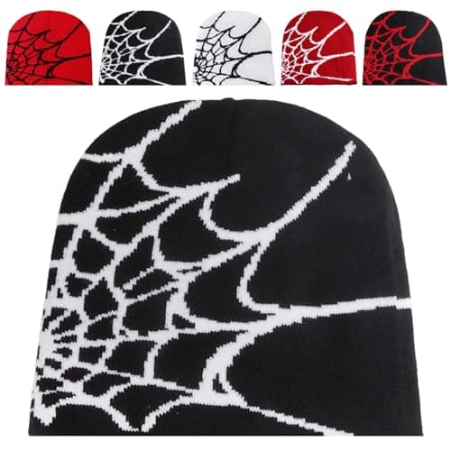 Image of HUANYO Spider Web Knitted Beanie Hat, Unisex Slouchy Skull Cap, Hip Hop Style for Daily Wear, Running, Cycling for Men and Women (UK, Alpha, S, XL, Black + White)