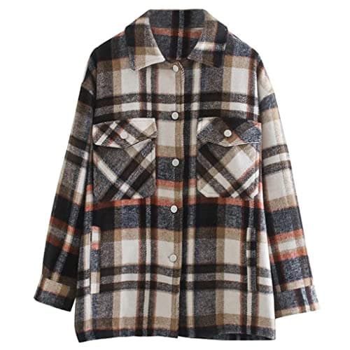Image of ebossy Women's Vintage Oversized Button Down Wool Blend Plaid Shirt Jacket Shacket - beige - Large